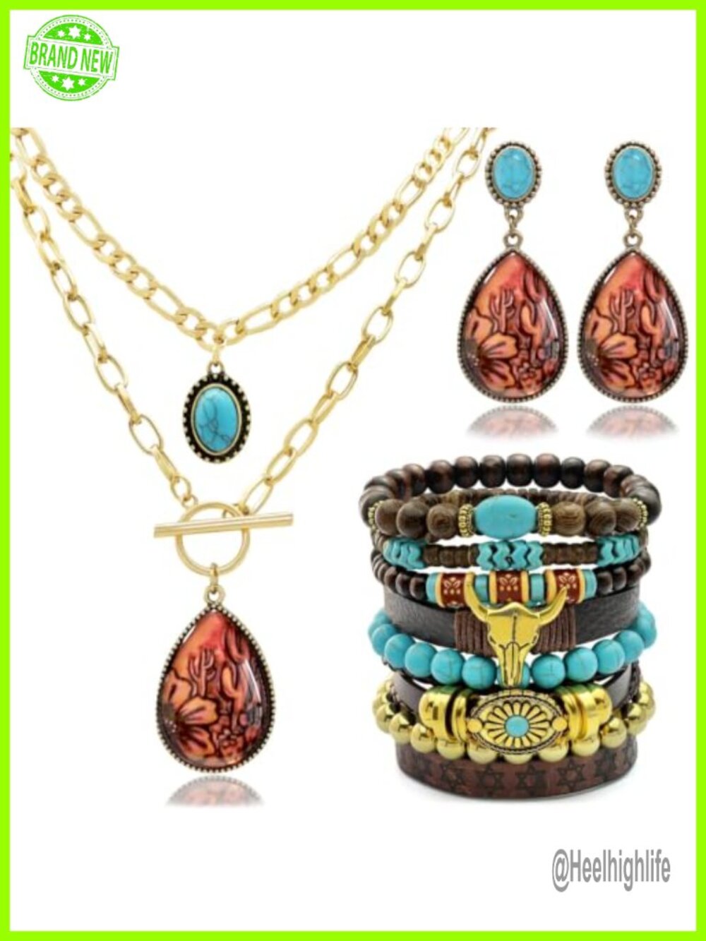 Western Turquoise Layered Necklace Earrings Bracelet Jewelry Set Faux Leather